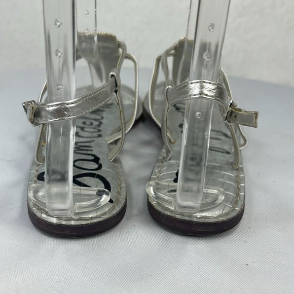 SAM EDLEMAN Womens Gigi Silver Shimmer Metallic Leather Thong Sandal Ankle Strap - Picture 4 of 10